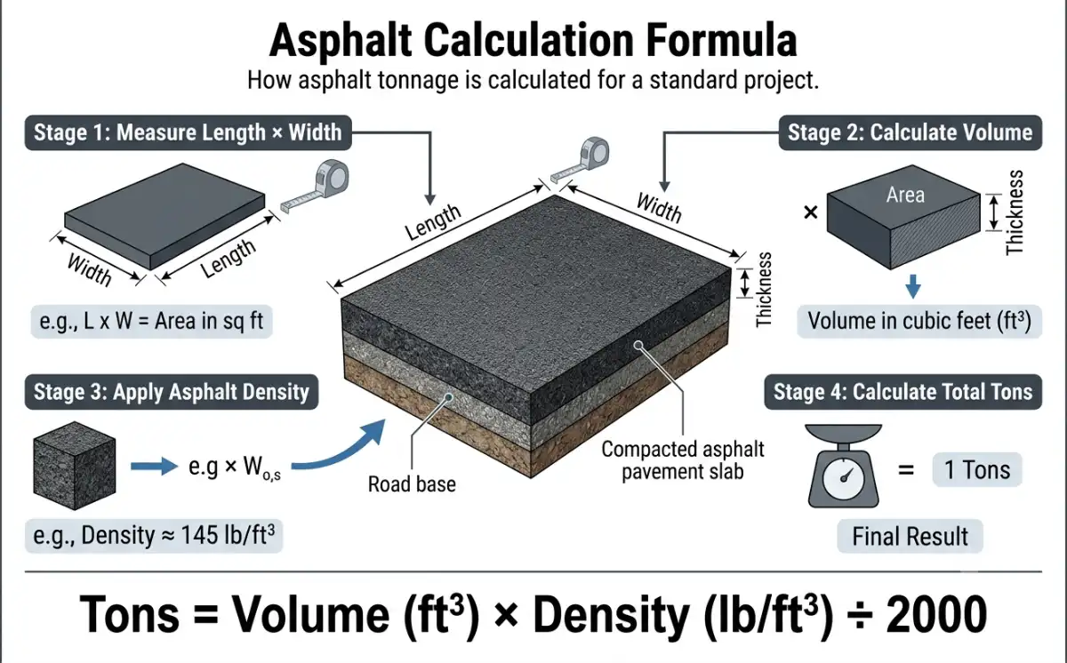 Asphalt calculation formula for estimating asphalt tonnage by area, thickness, and density