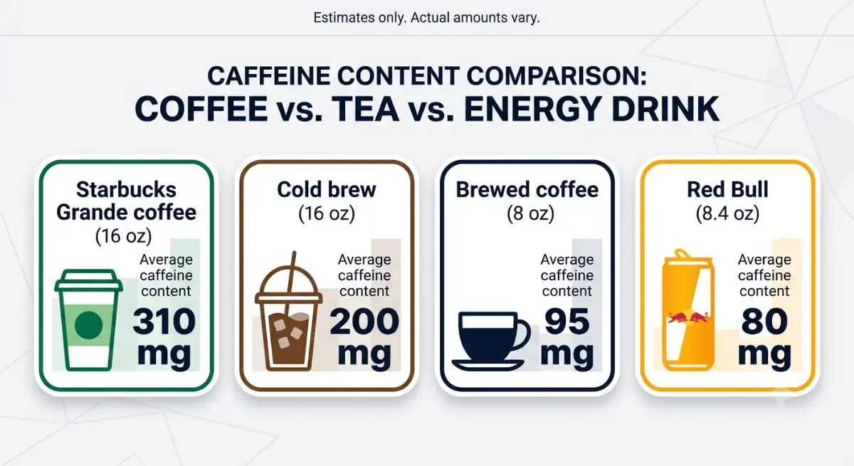 Visual comparison chart of caffeine content in Starbucks Grande, Cold Brew, Brewed Coffee, and Red Bull, showing precise milligram amounts.