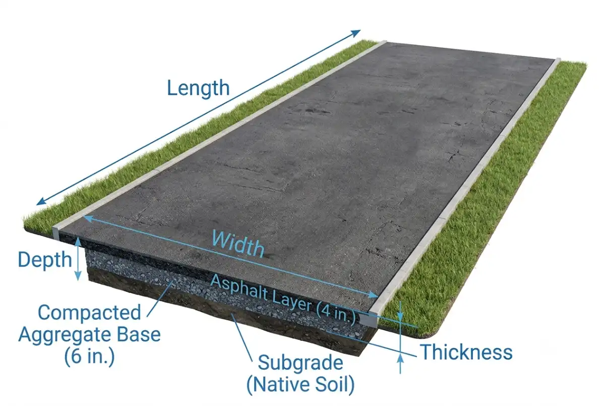 Asphalt driveway measurements showing length, width, and thickness for calculating asphalt quantity