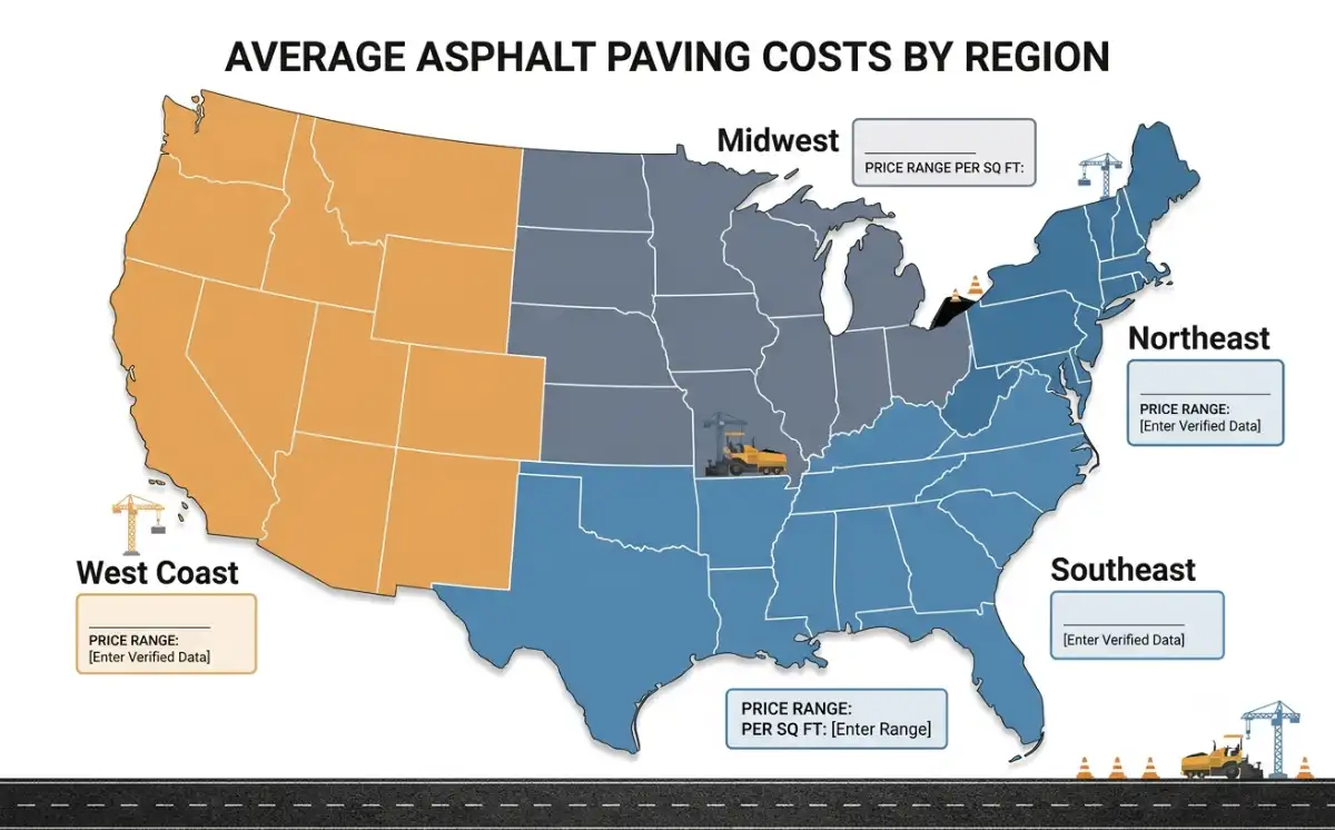 Asphalt paving costs by region showing material and installation prices across the United States