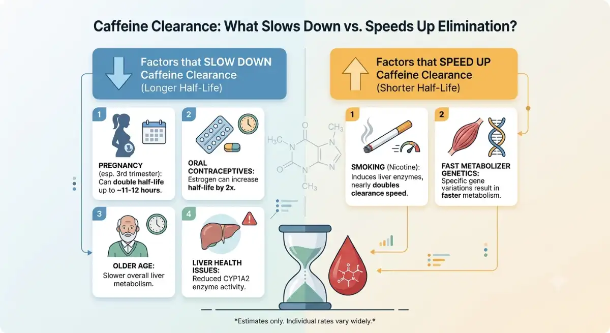 Infographic diagram showing factors that slow down vs speed up caffeine clearance, including pregnancy, birth control, age, smoking, and genetics.