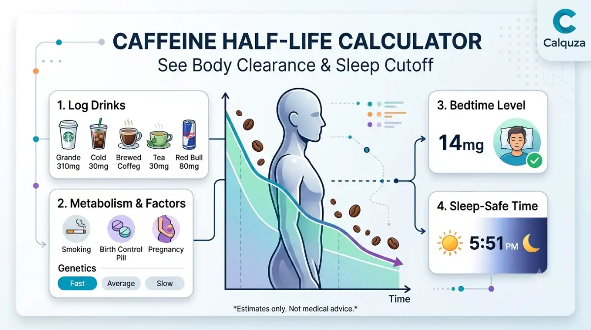 Infographic featured image for Calquza Caffeine Half Life Calculator showing inputs for multiple drinks, personal factors like metabolism and smoking, and visual caffeine decay tracking for body clearance and sleep cutoff time.