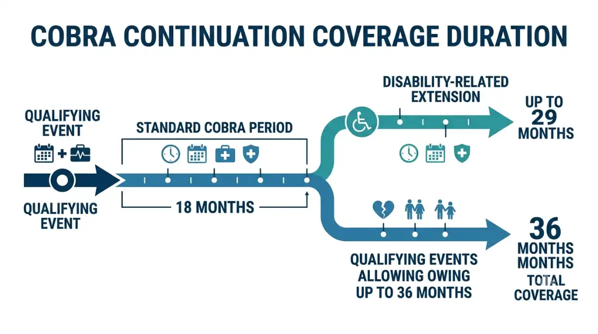 COBRA coverage duration timeline showing 18 months, 29 months for disability extensions, and up to 36 months for certain qualifying events