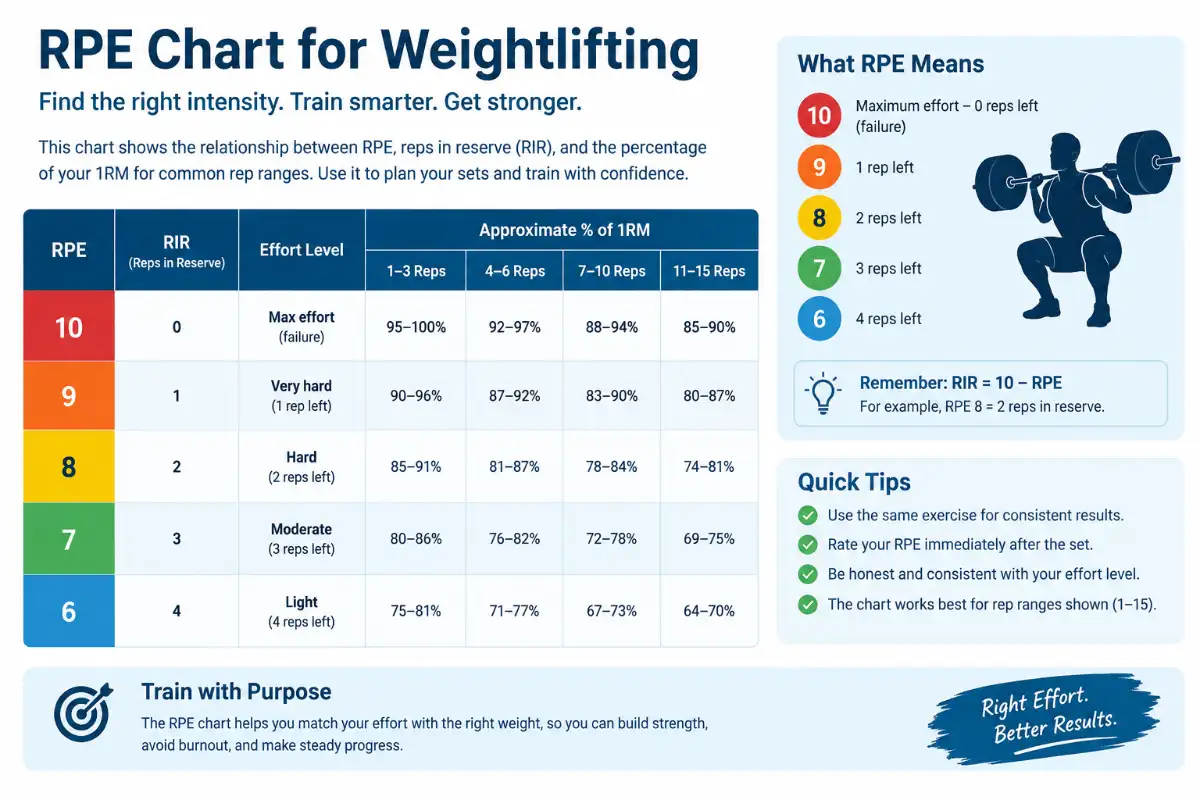 RPE calculator chart showing weightlifting intensity percentages from 1 to 12 reps