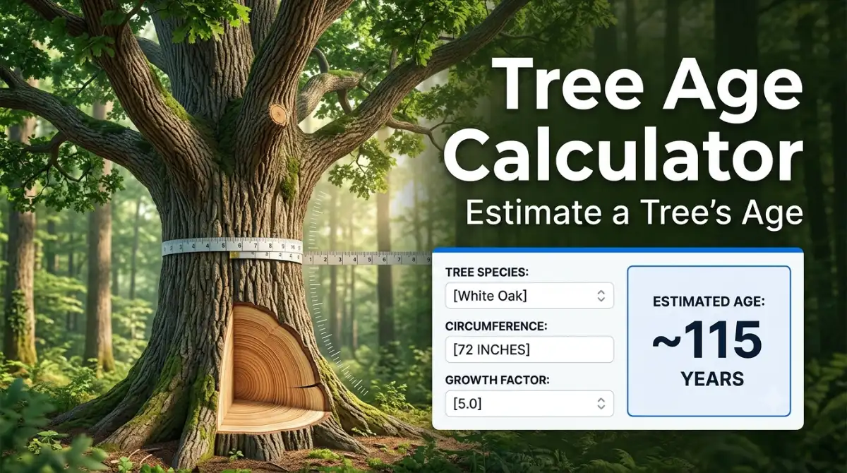An educational diagram showing a large oak tree wrapped with a measuring tape, displaying growth rings, and a digital calculator showing an estimated age calculation.